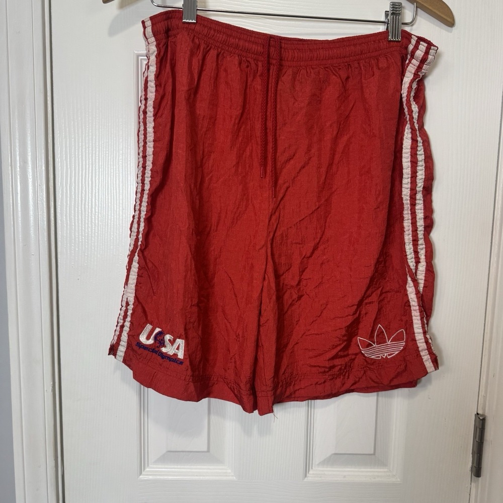 Adidas Shorts Vintage USA Special Olympics Red Nylon 3-Stripe Size M